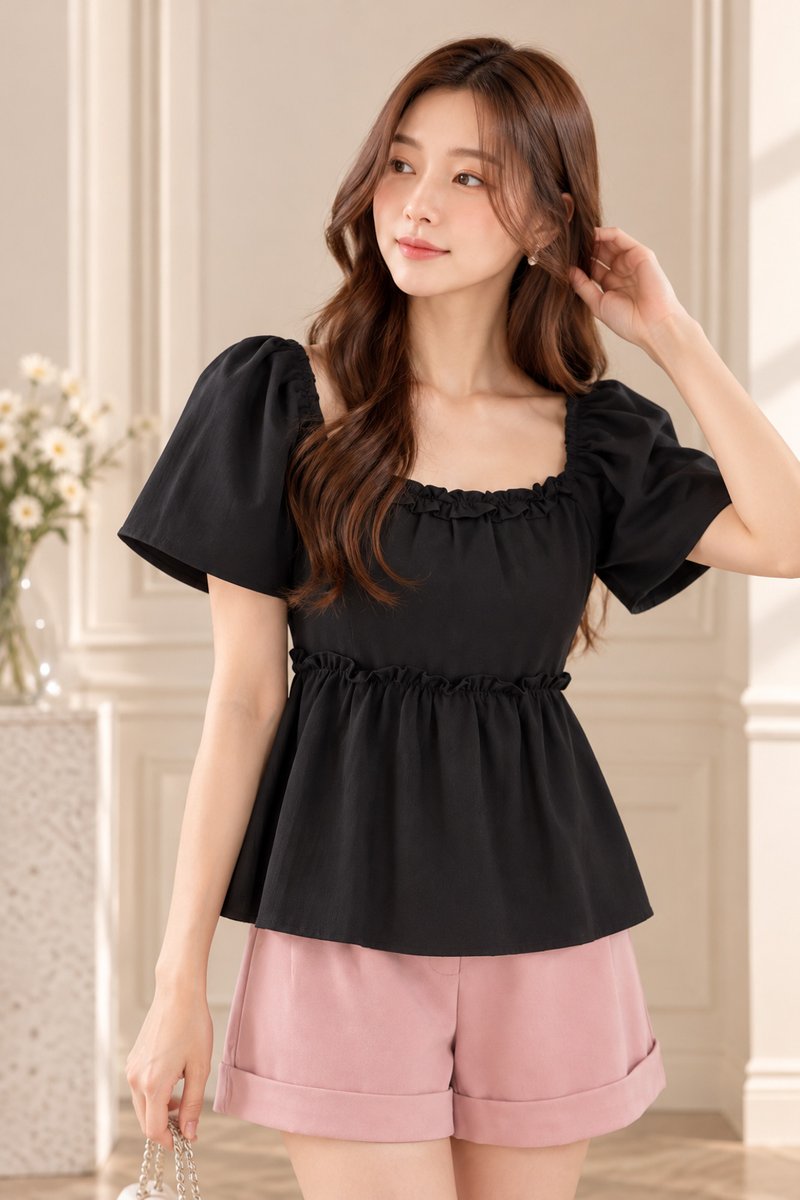 Anaya Ruffles Babydoll Top In Black