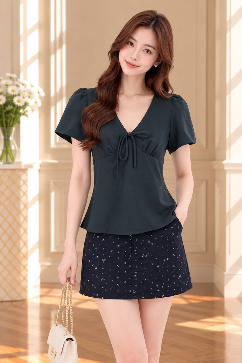 Virelle Empire Waist Ribbon Top In Forest