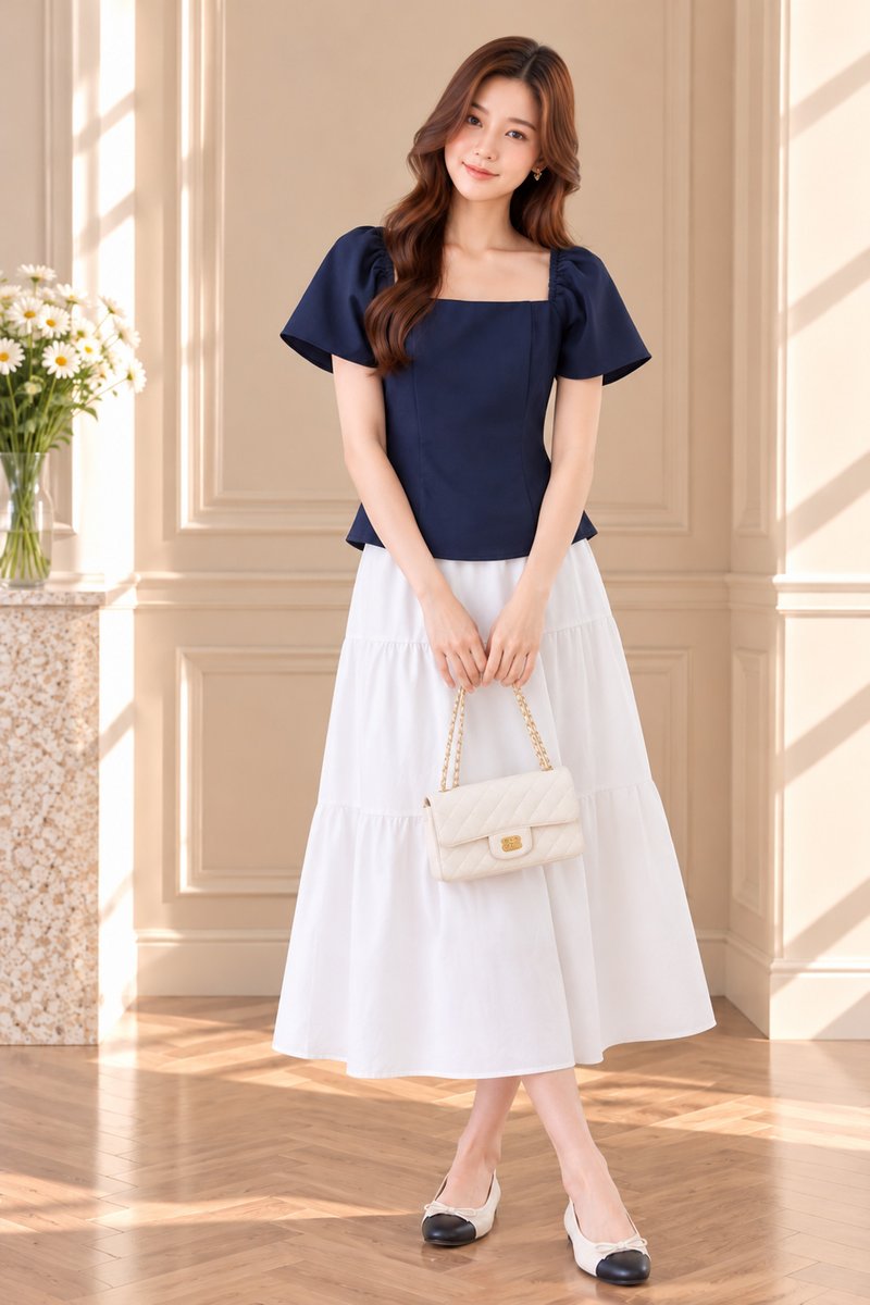 Adaline Panelled Staple Top In Navy