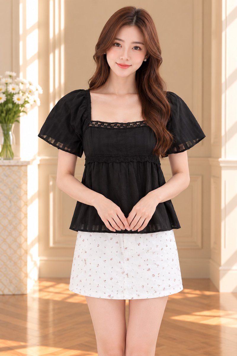 Delara Textured Lace Top In Black