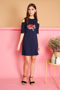 Tisa Rose Patch Cold Shoulder Dress in Navy (XS)