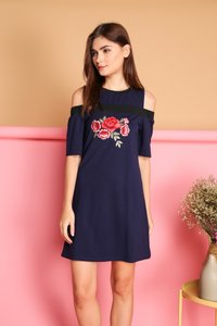 Tisa Rose Patch Cold Shoulder Dress in Navy (XS)