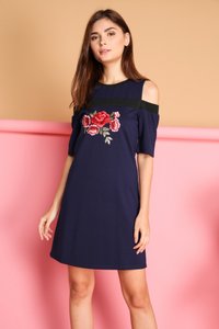 Tisa Rose Patch Cold Shoulder Dress in Navy (XS)