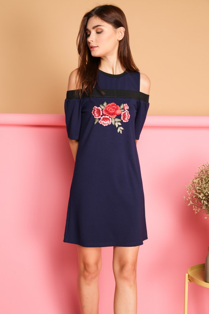 Tisa Rose Patch Cold Shoulder Dress in Navy (XS)