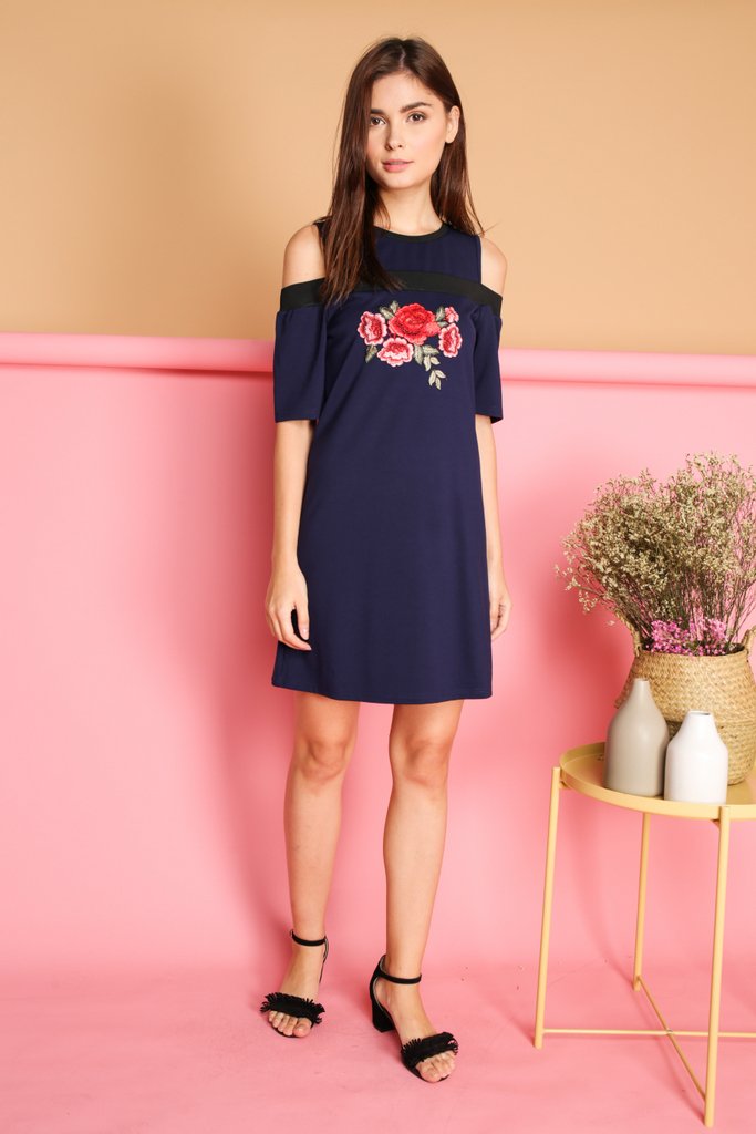Tisa Rose Patch Cold Shoulder Dress in Navy (XS)