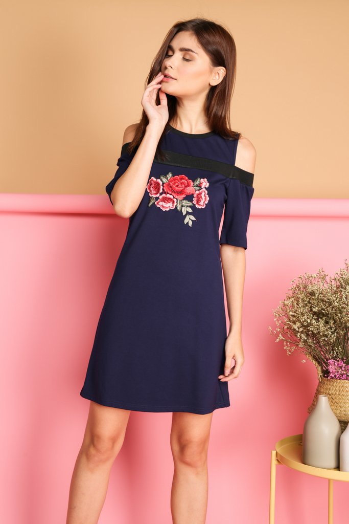 Tisa Rose Patch Cold Shoulder Dress in Navy (XS)