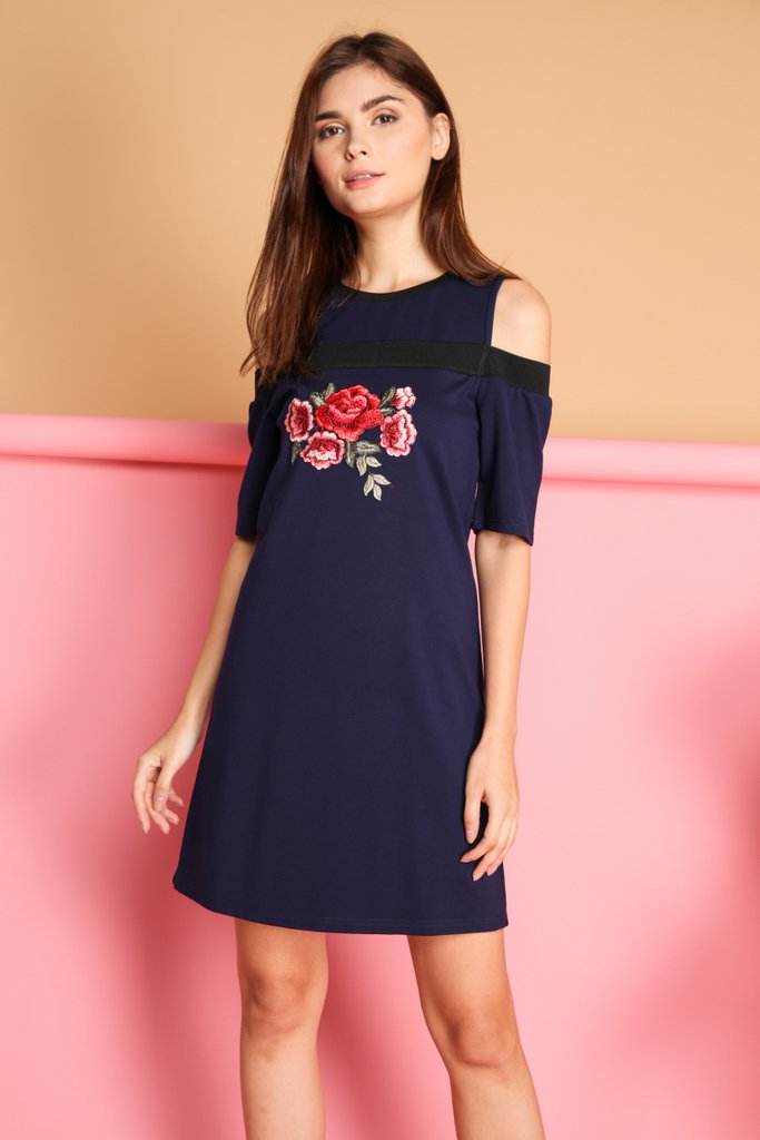Tisa Rose Patch Cold Shoulder Dress in Navy (XS)