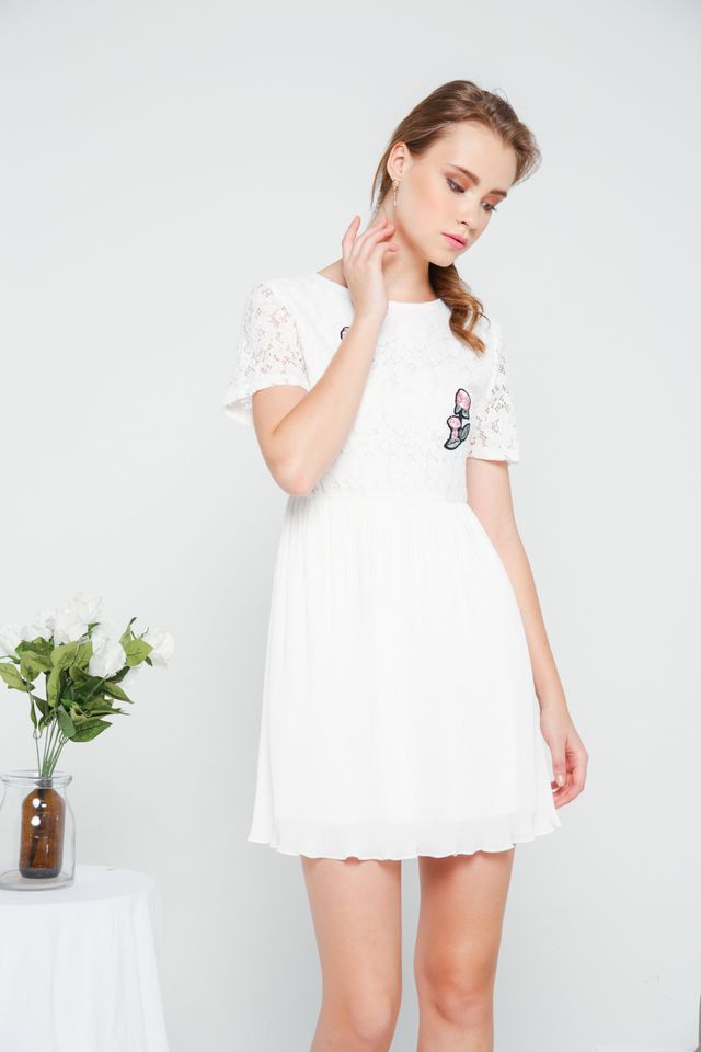Evian Crochet Pleats Dress in White
