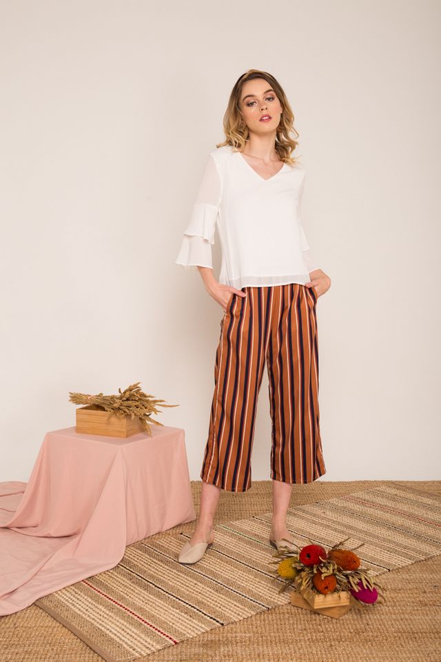 Cliona Pinstriped High-waisted Culottes in Caramel (XS)