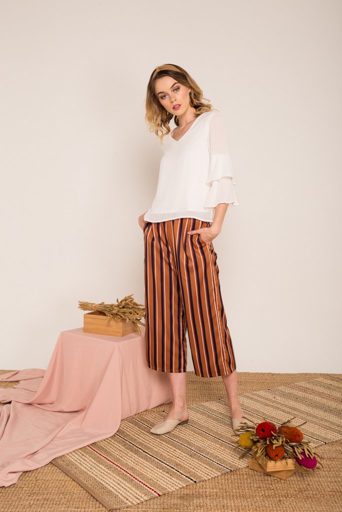 Cliona Pinstriped High-waisted Culottes in Caramel (XS)