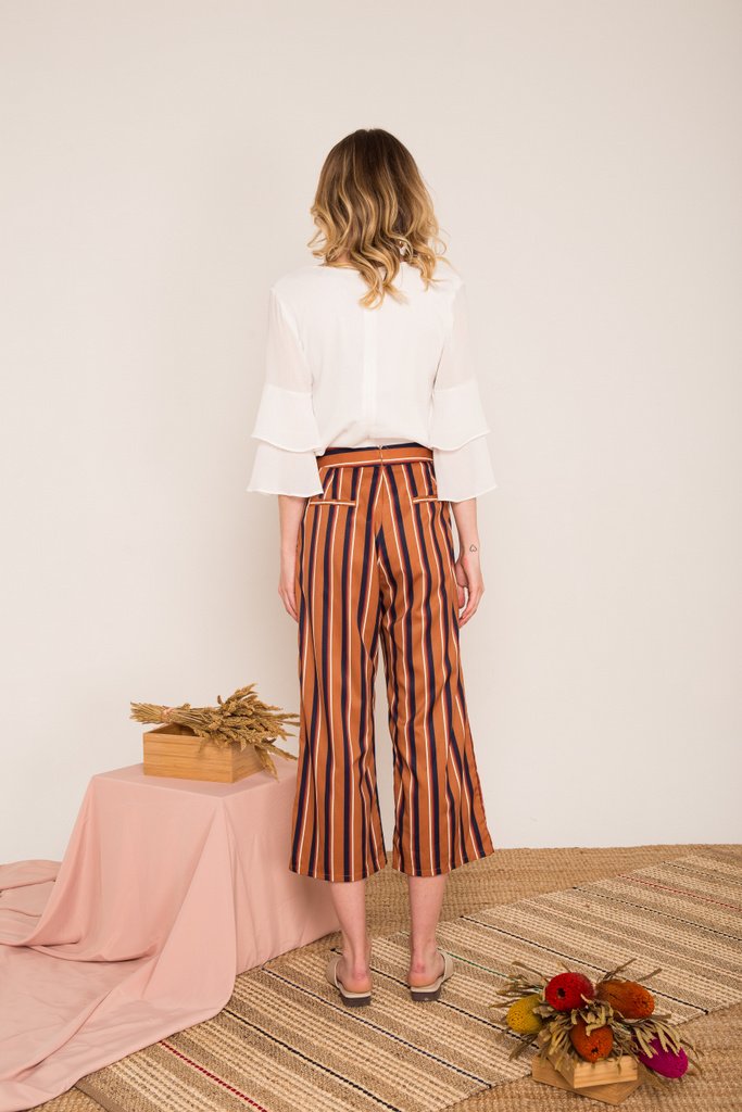 Cliona Pinstriped High-waisted Culottes in Caramel (XS)