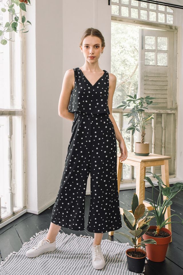 Emmy Polka Dot Layered Jumpsuit in Black (XS)