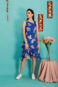 Mona Floral Asymmetrical Hem Dress in Cobalt Blue (XS)