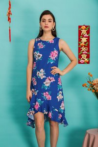 Mona Floral Asymmetrical Hem Dress in Cobalt Blue (XS)