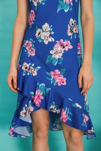 Mona Floral Asymmetrical Hem Dress in Cobalt Blue (XS)