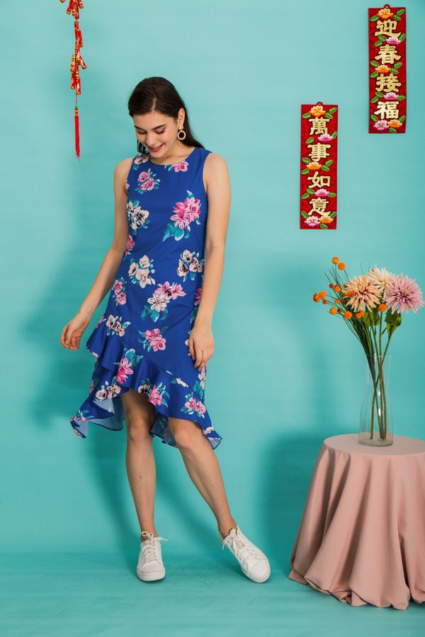 Mona Floral Asymmetrical Hem Dress in Cobalt Blue (XS)