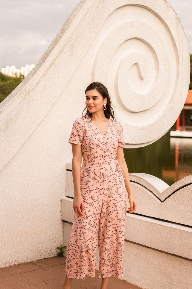 Roslyn Floral Maxi Jumpsuit in Peach Pink