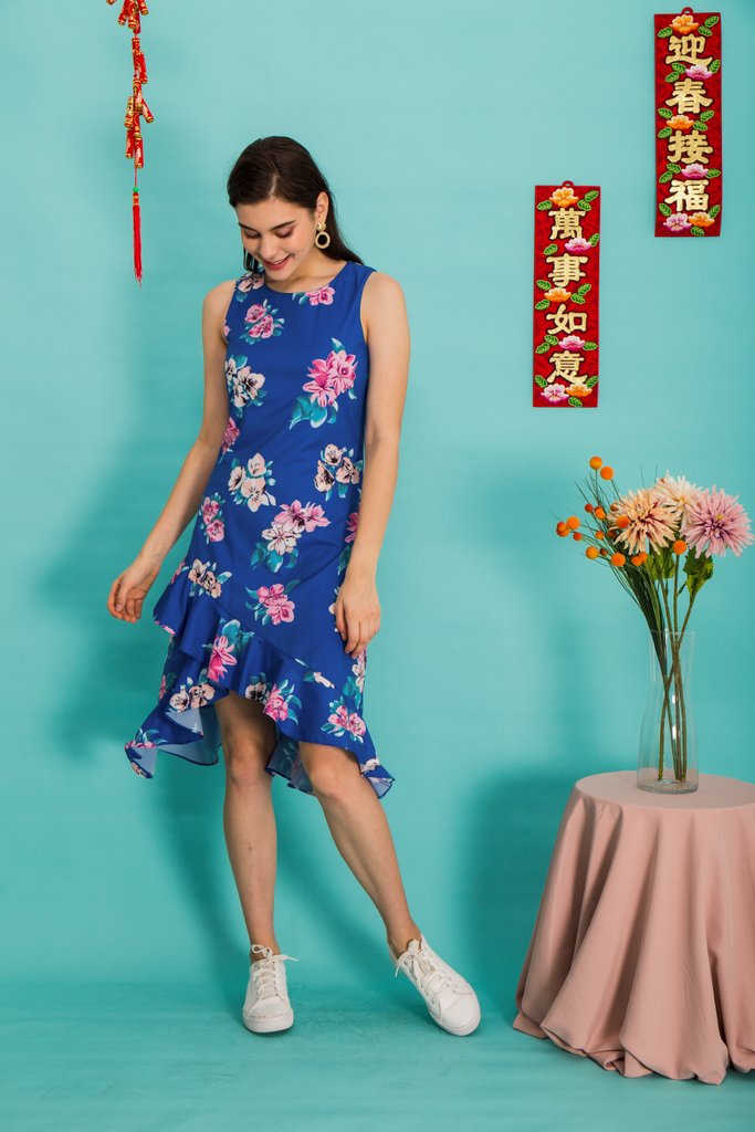 Mona Floral Asymmetrical Hem Dress in Cobalt Blue (XS)