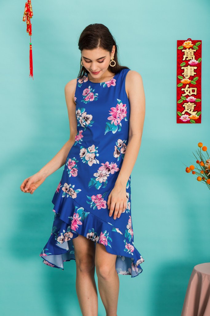 Mona Floral Asymmetrical Hem Dress in Cobalt Blue (XS)