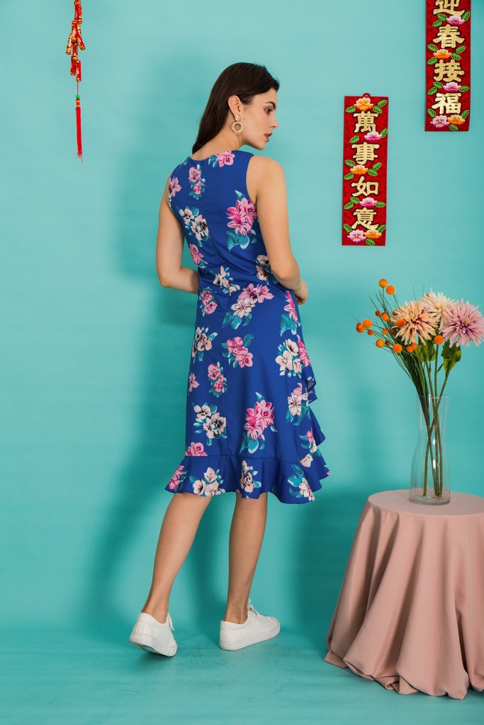 Mona Floral Asymmetrical Hem Dress in Cobalt Blue (XS)