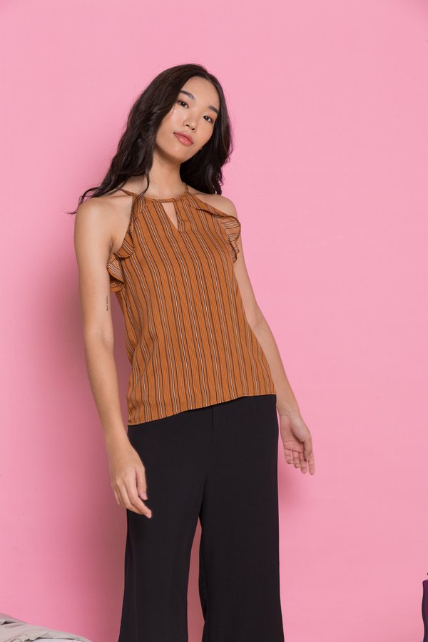 Delicia Pinstripe Halter Top in Caramel