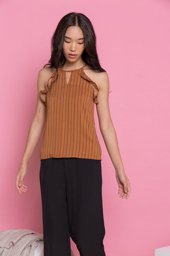 Delicia Pinstripe Halter Top in Caramel