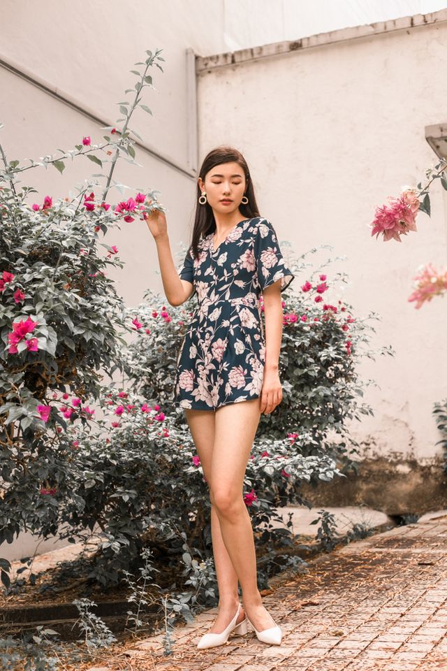 Clare Floral Pleated Romper in Teal