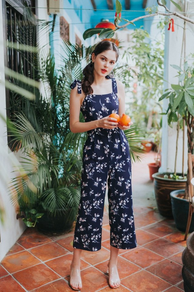 Rhea Floral Ribbon Jumpsuit in Navy
