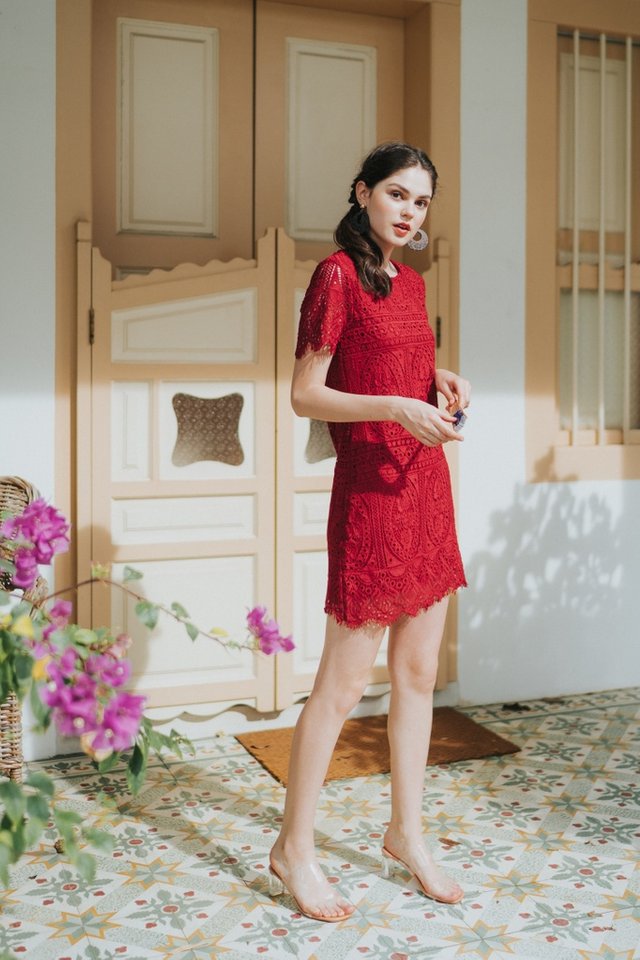 Odina Premium Crochet Sleeved Dress in Red (XS)