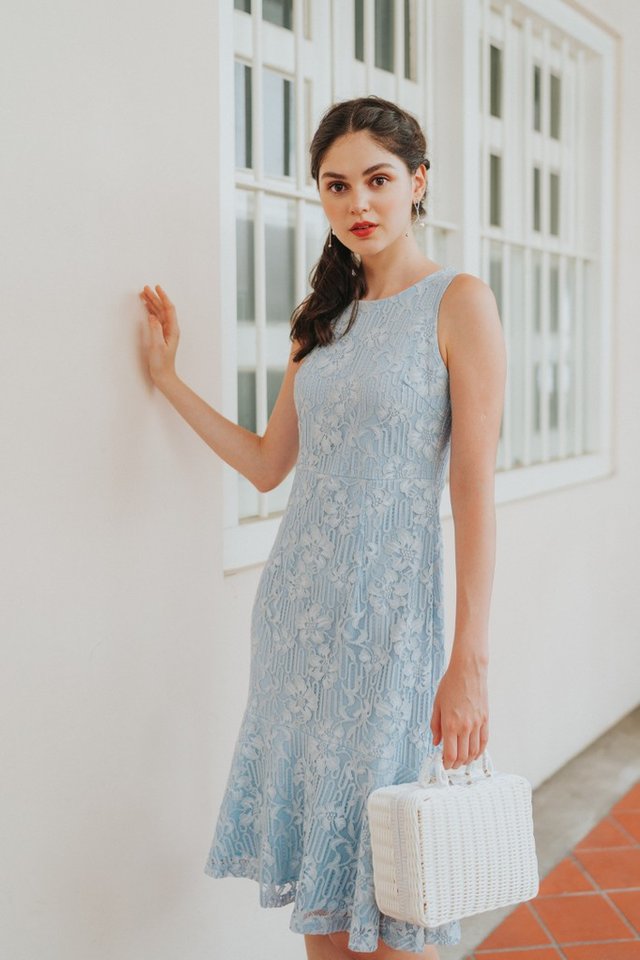 Christie Premium Lace Dropwaist Midi Dress in Blue