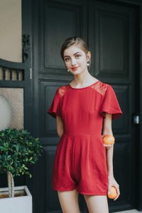 Izzy Lace Insert Pocket Romper in Red (XS)