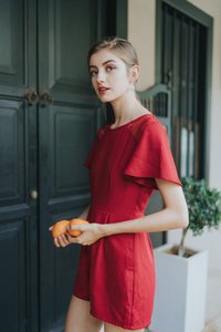 Izzy Lace Insert Pocket Romper in Red (XS)