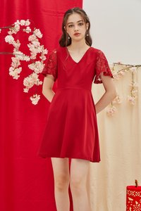 Abree Lace Sleeved Skater Dress in Red (XS)