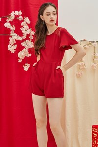 Izzy Lace Insert Pocket Romper in Red (XS)
