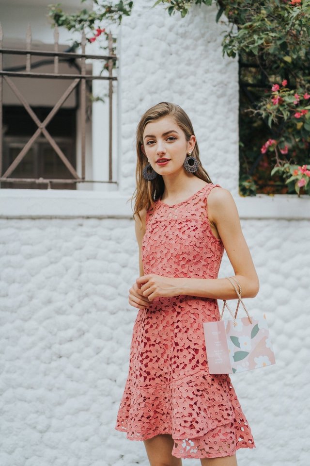 Grecia Premium Crochet Overlap Hem Dress in Coral (XS)