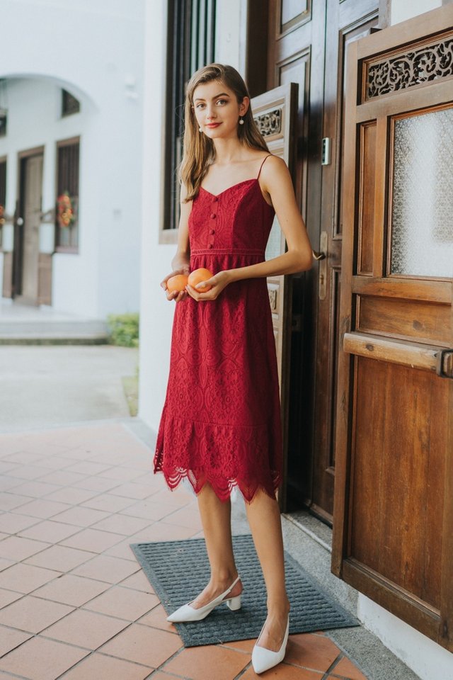 Lettie Premium Lace Button Midi Dress in Red