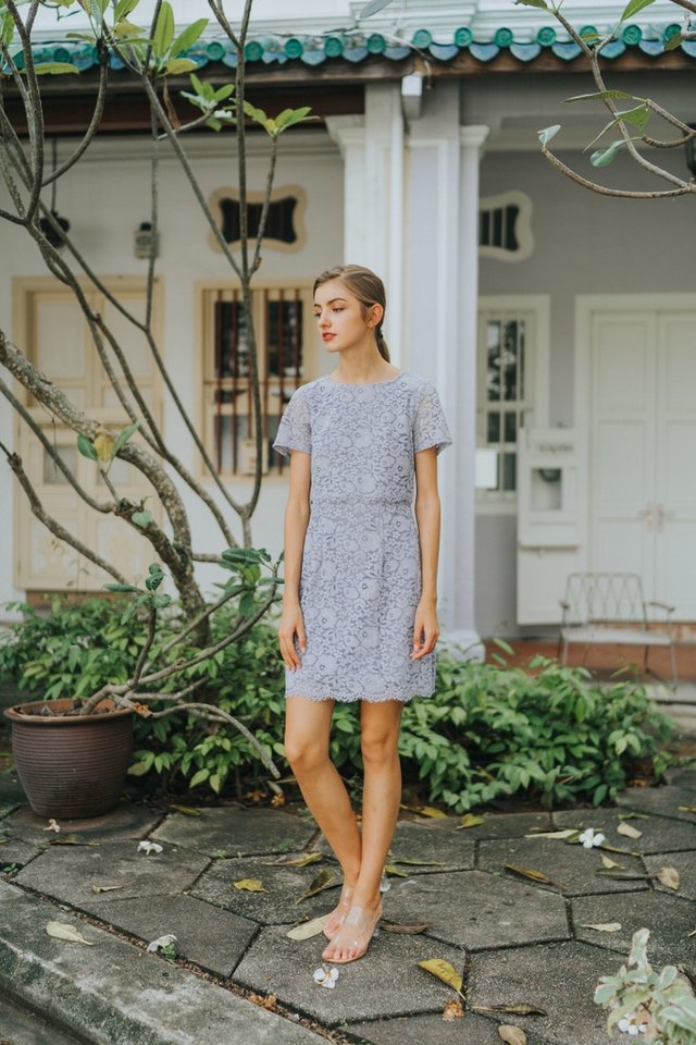 Gace Premium Lace Layered Sleeves Dress in Lavender Grey (XS)