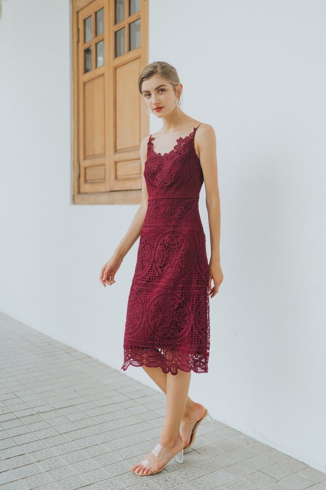 Kelsey Premium Crochet Midi Dress in Wine (L)