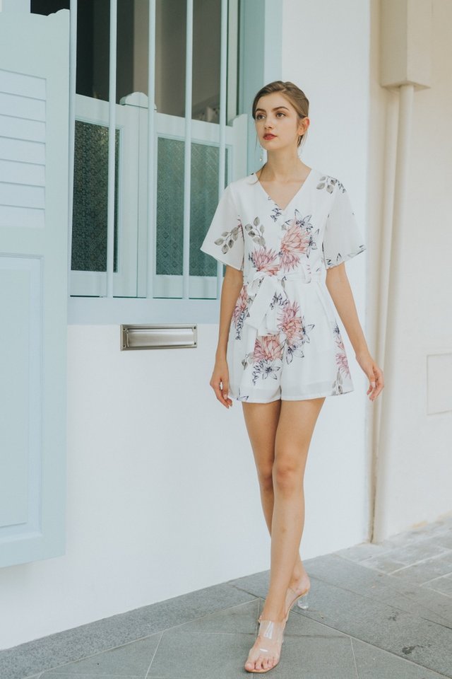 Sammie Floral Pleated Romper in White