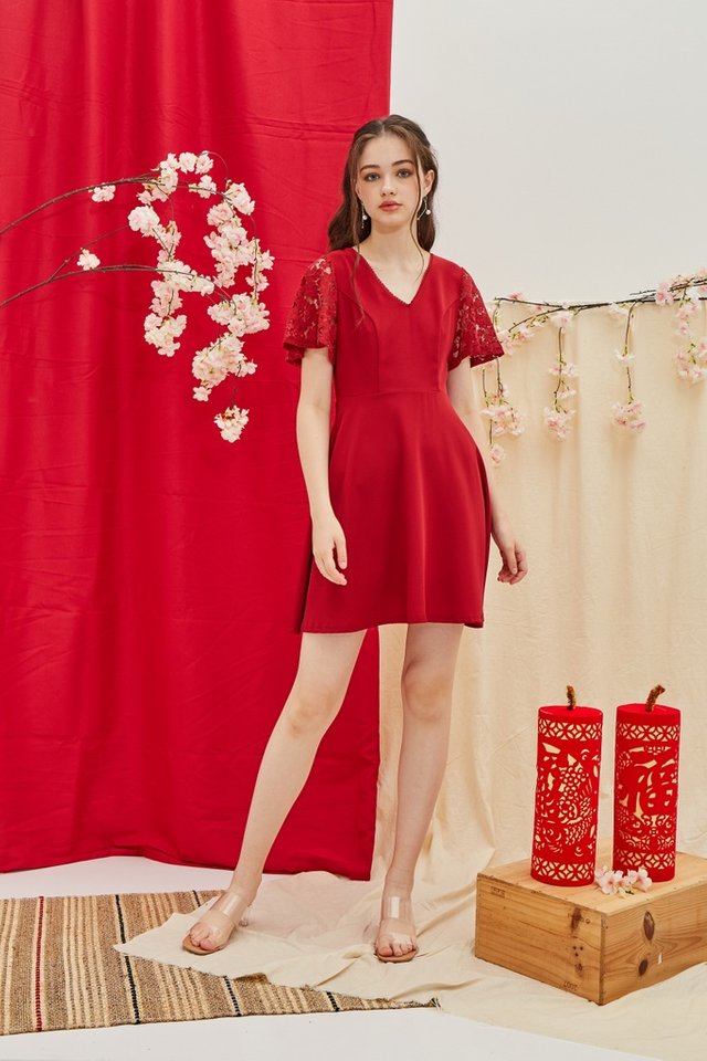 Abree Lace Sleeved Skater Dress in Red (XS)