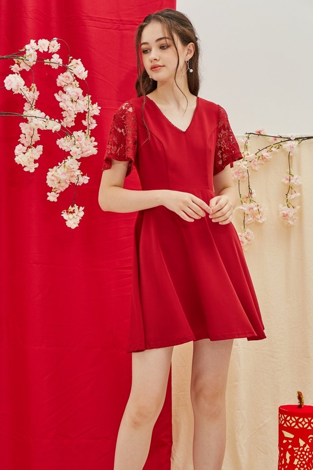 Abree Lace Sleeved Skater Dress in Red (XS)