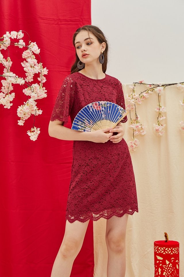 Helene Premium Lace Sleeves Dress in Wine (XS)