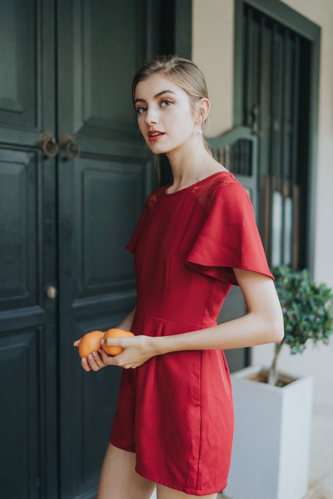 Izzy Lace Insert Pocket Romper in Red (XS)