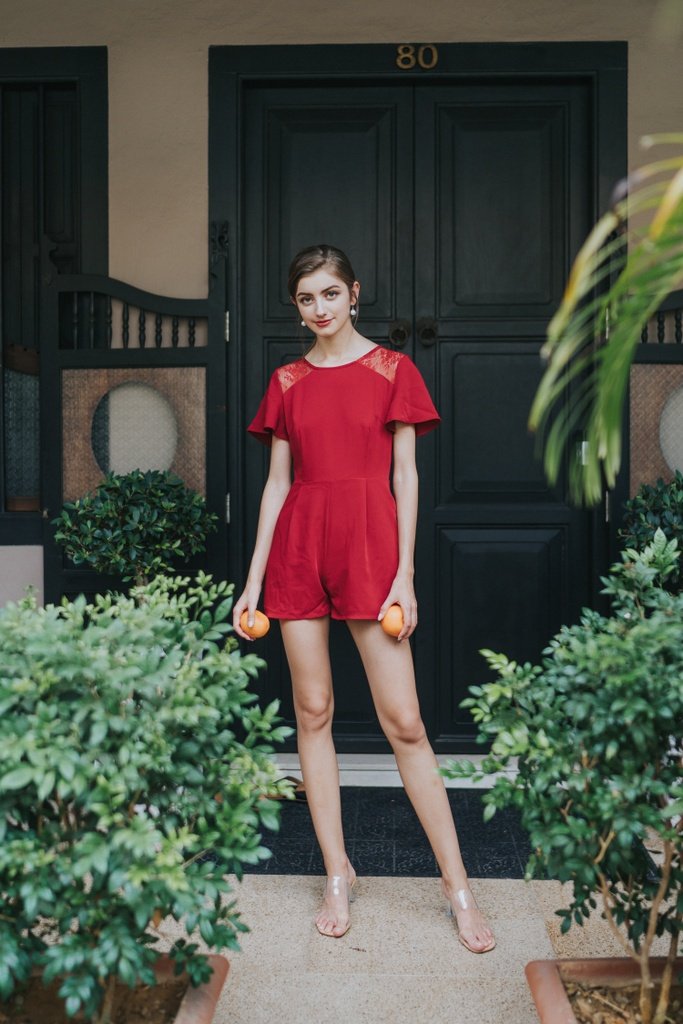Izzy Lace Insert Pocket Romper in Red (XS)