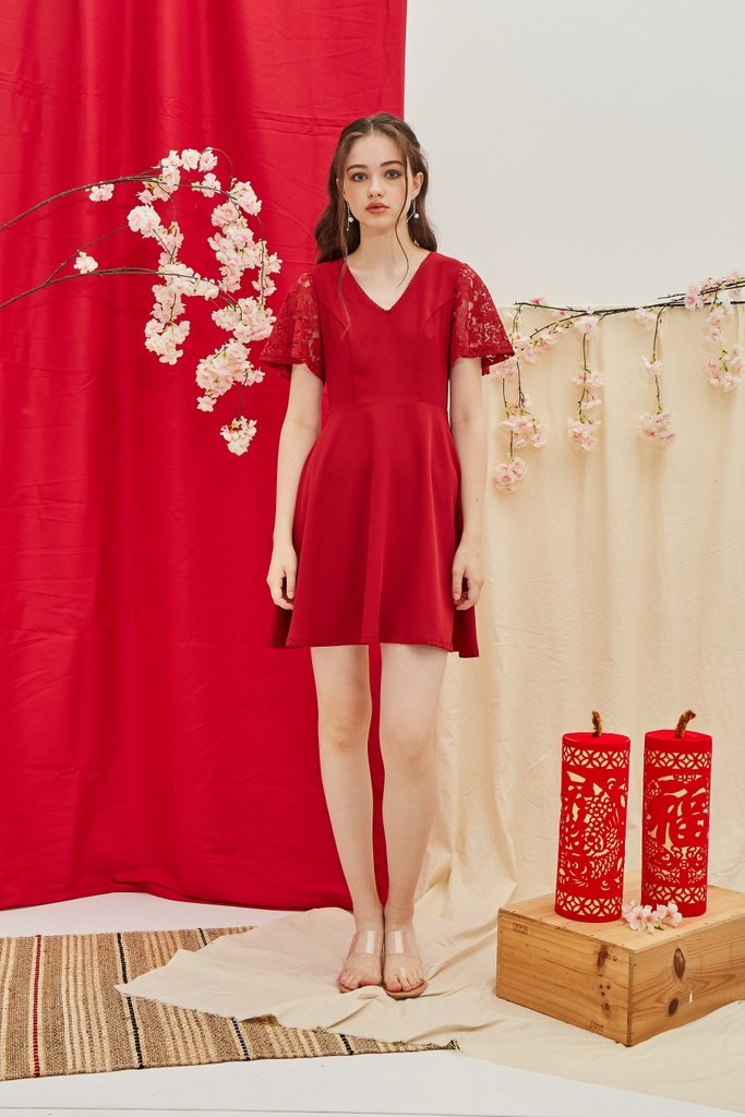 Abree Lace Sleeved Skater Dress in Red (XS)
