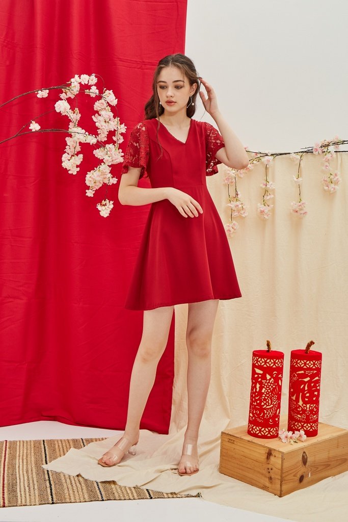 Abree Lace Sleeved Skater Dress in Red (XS)