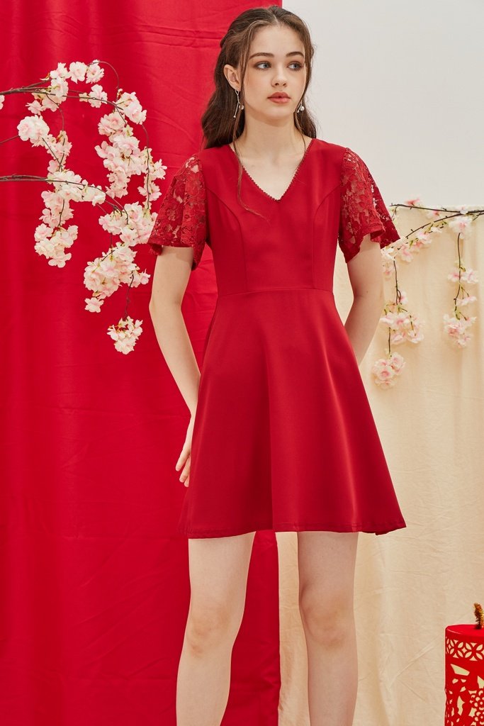 Abree Lace Sleeved Skater Dress in Red (XS)