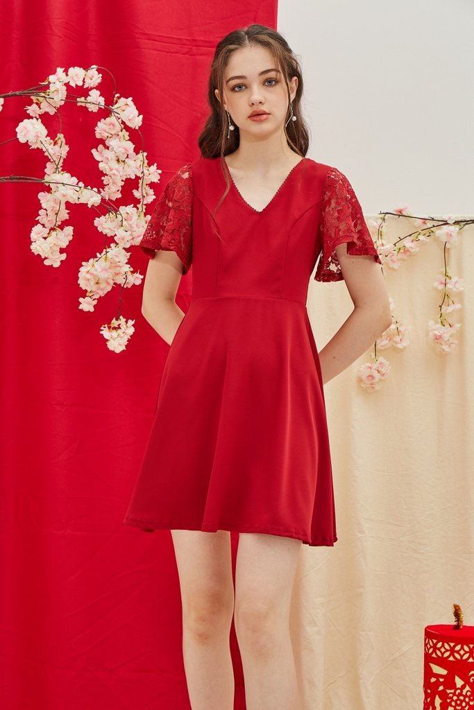 Abree Lace Sleeved Skater Dress in Red (XS)