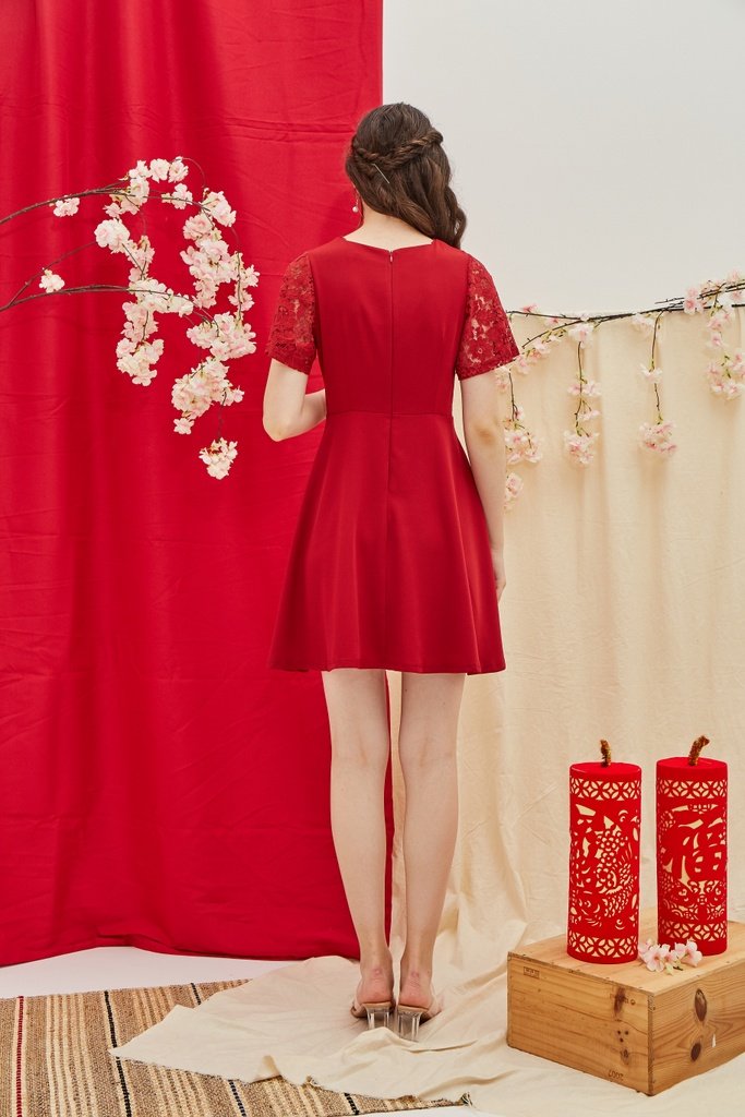 Abree Lace Sleeved Skater Dress in Red (XS)