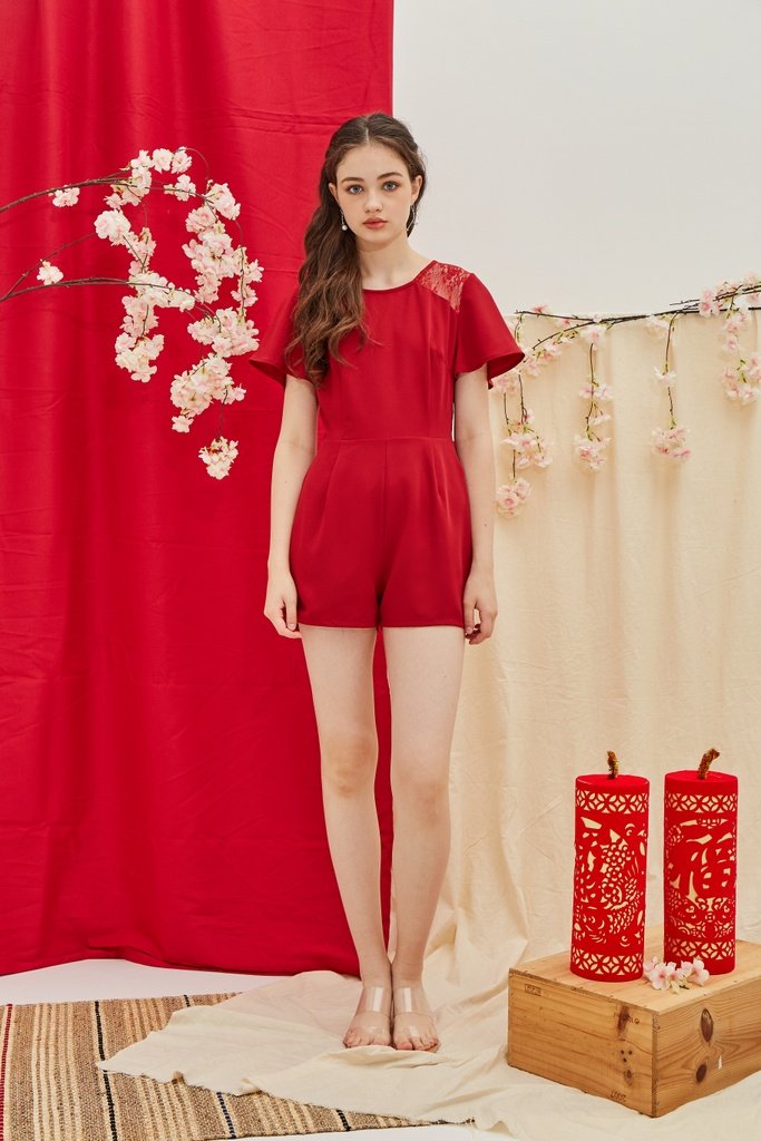Izzy Lace Insert Pocket Romper in Red (XS)